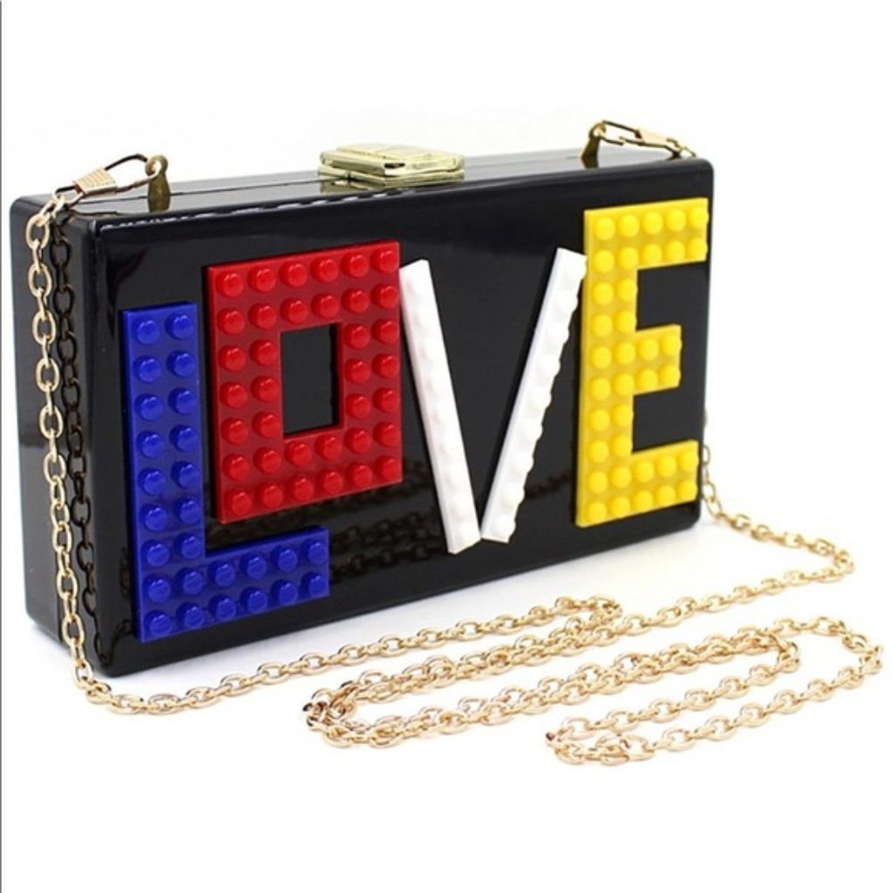 Love Lego Black Acrylic Clutch Purse New